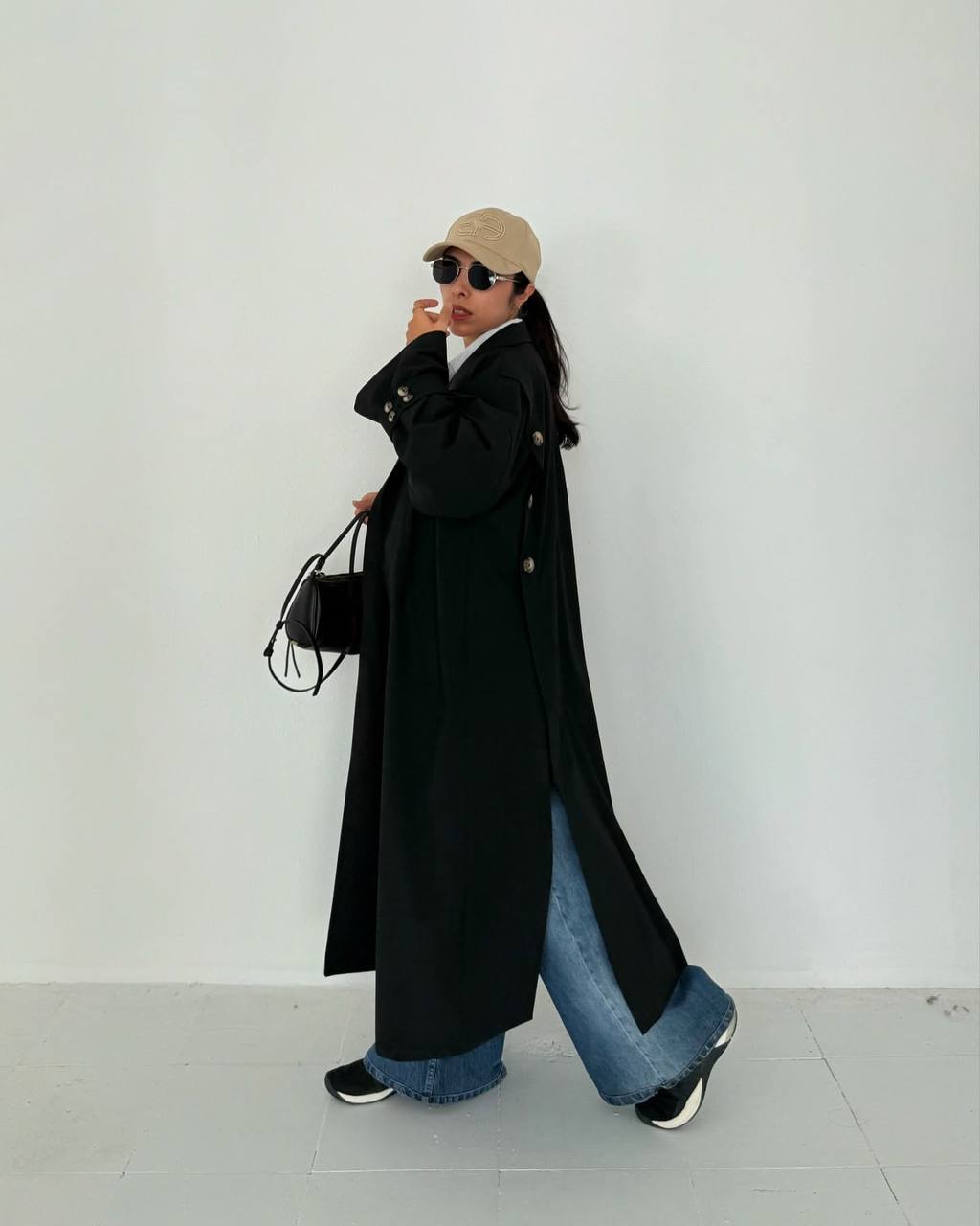 مانتو ترنچ کت بارانی بلند زنانه چاک دار پاییزه جنس کتان ضد آب